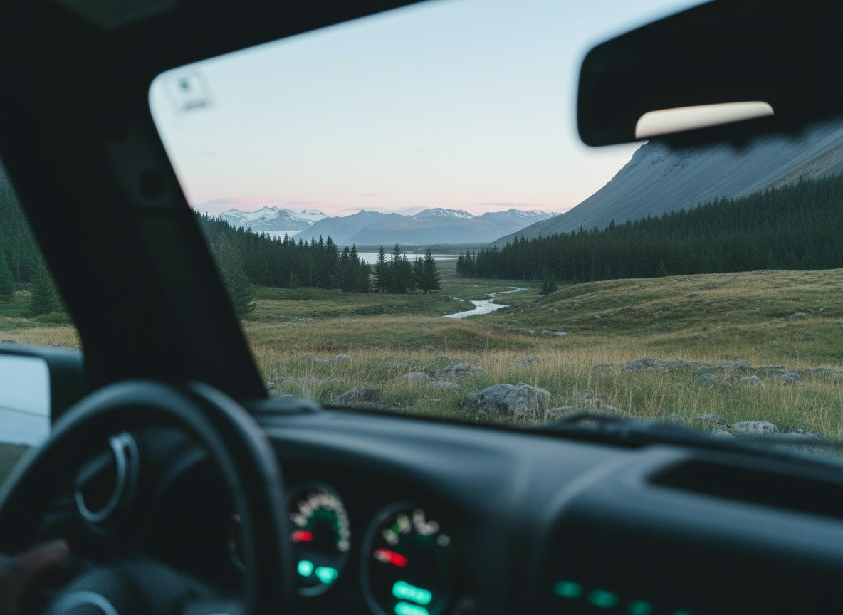 Vista dall’interno del van verso l’esterno, immagine van life che racconta la libertà e la camperizzazione modulare Nom Outdoor.