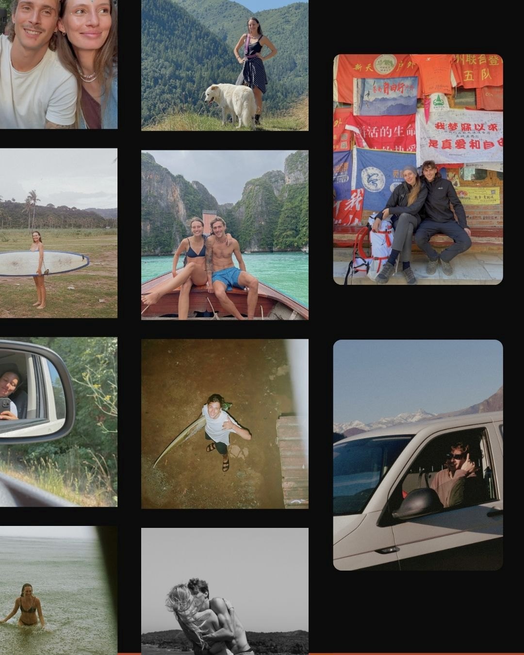 Collage van life con tavole da surf, viaggi tra oceano e montagna, immagine della sezione Chi Siamo di Nom Outdoor dedicata alla camperizzazione van e alla libertà di movimento.