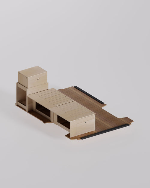 Modulo cucina con frigo integrato e letto van Nom Outdoor, vista 3D kit camperizzazione furgone