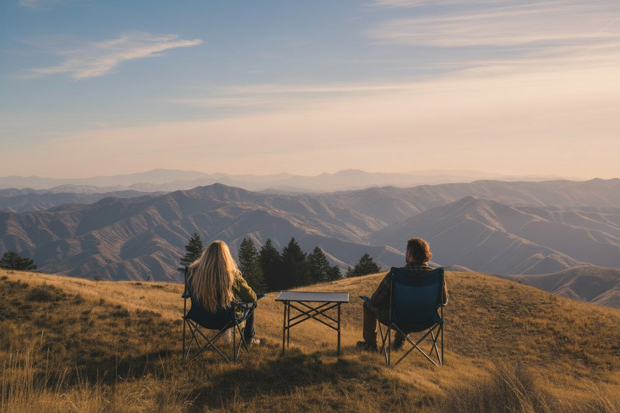 Due persone in van life sedute su sedie davanti al van che guardano l’orizzonte, immagine header della collezione cucina Nom Outdoor per camperizzazione van.