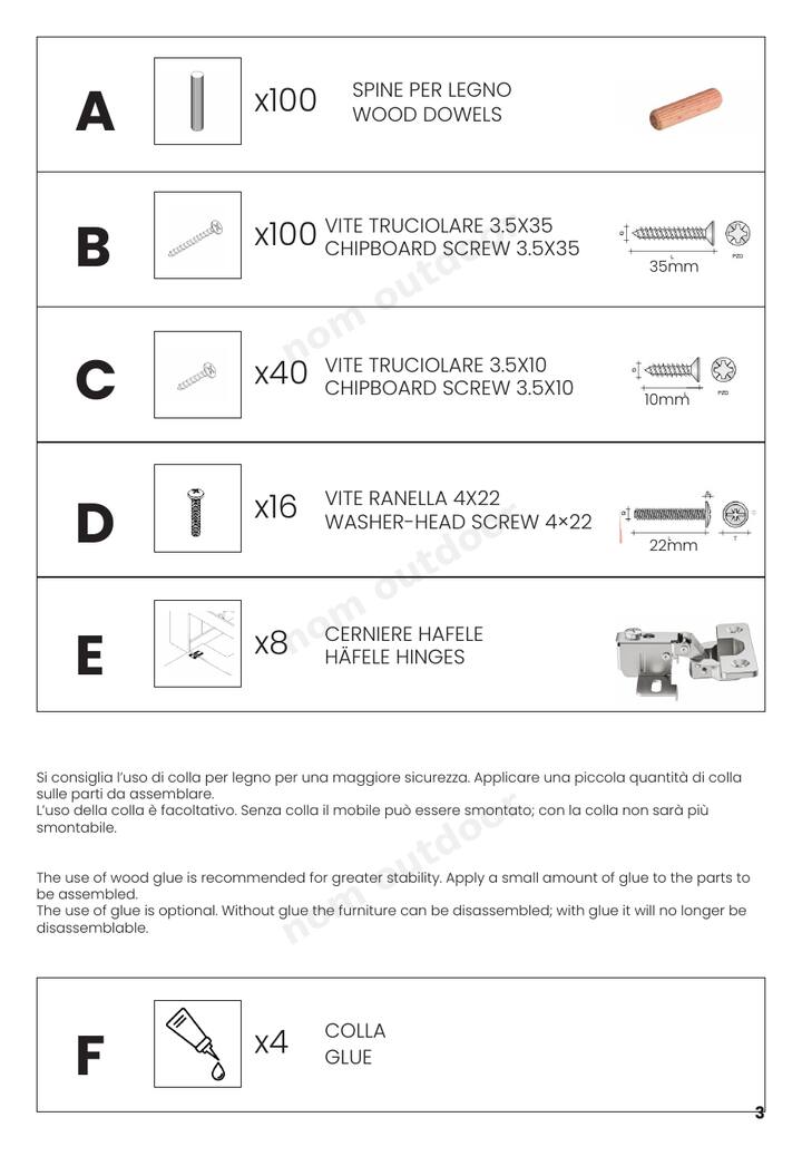 Tutta la ferramenta è nel kit, divisa per lettera