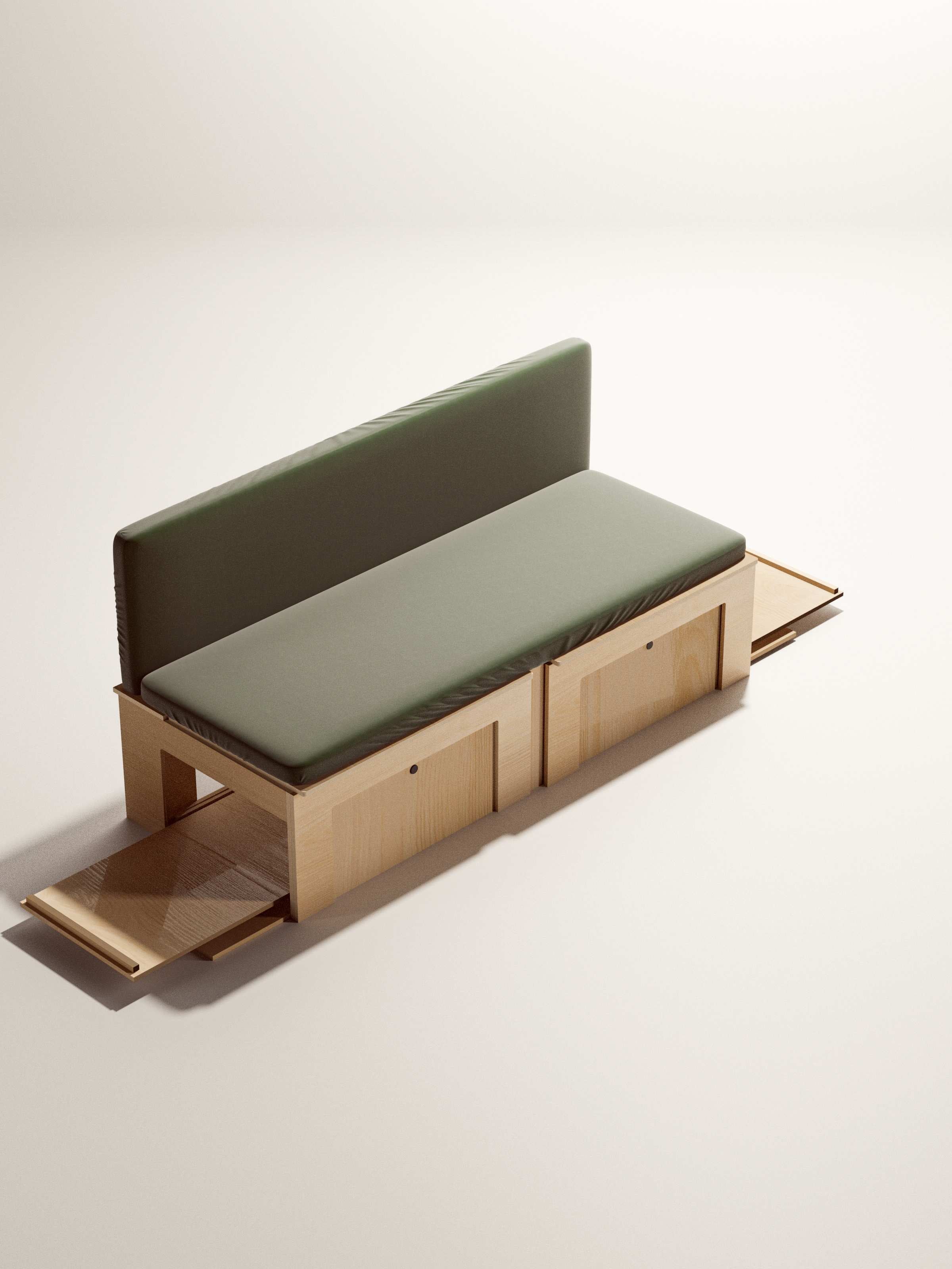 Letto Nom Outdoor in still life con due piani estraibili laterali aperti, struttura modulare per camperizzazione van con superfici di appoggio estese.