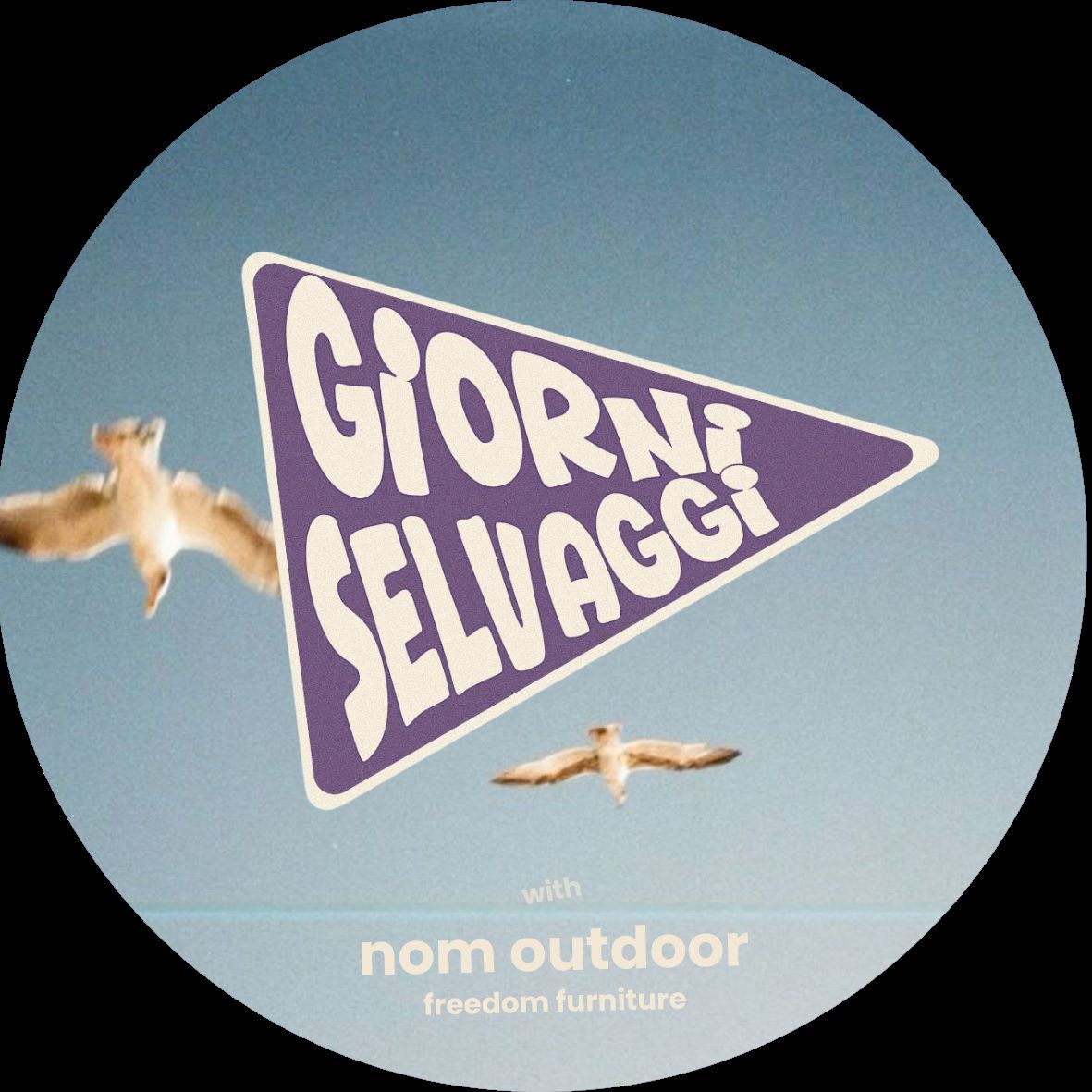 Logo Newsletter Nom Outdoor con bandiera “Giorni Selvaggi”, cielo azzurro e scritta Freedom Furniture, dedicato alla community vanlife e alla camperizzazione modulare