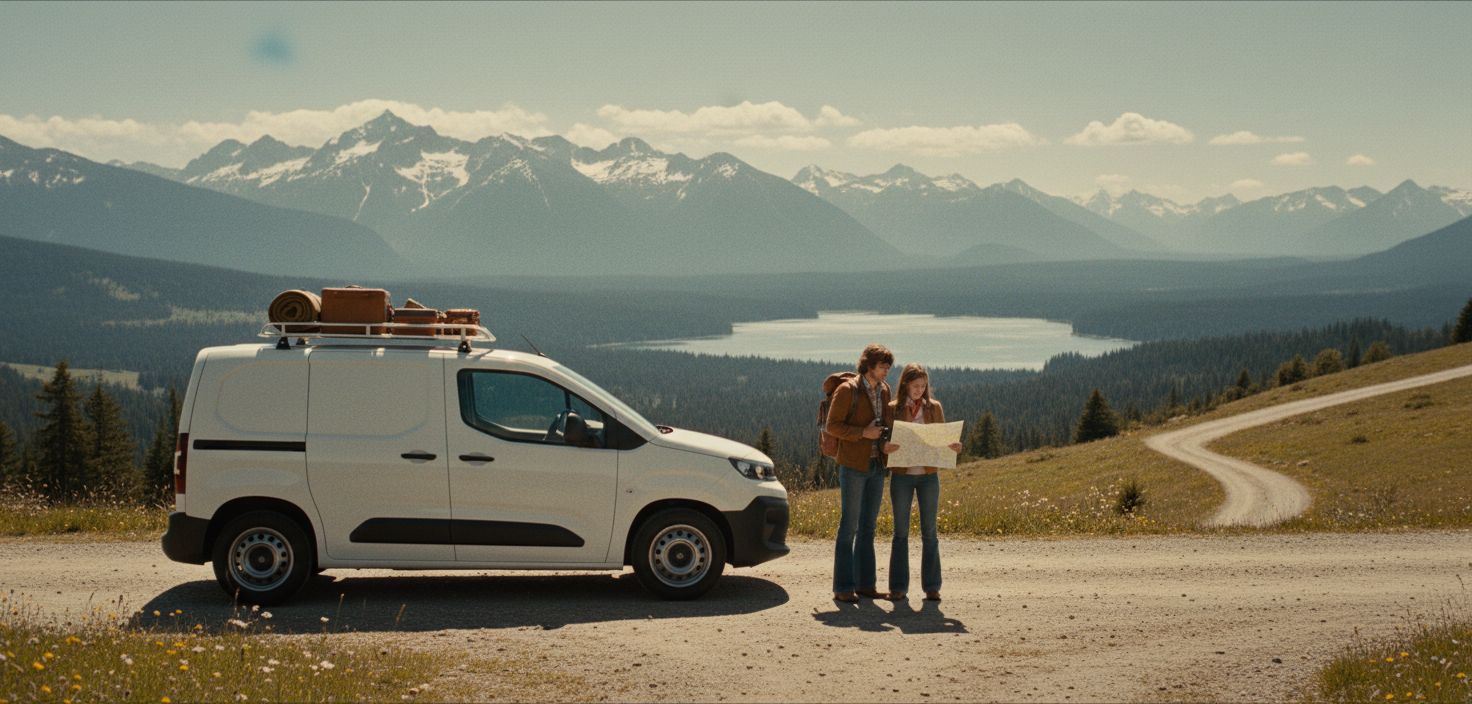 Persone che leggono una cartina stradale accanto a un van Caddy in viaggio, immagine dedicata alla camperizzazione modulare e ai moduli per van Nom Outdoor.