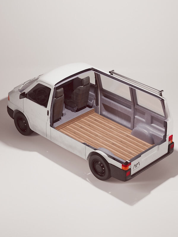 Animazione del furgone completamente assemblato con Nom Total Kit installato, sistema completo di camperizzazione van modulare pronto a partire.