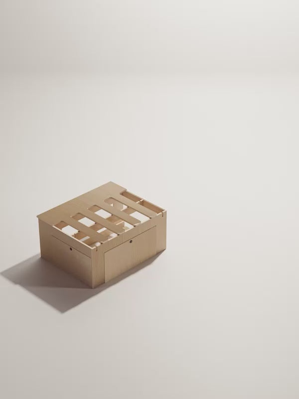 Animazione del Letto Nom Outdoor che mostra tutte le funzionalità: trasformazione da divano a letto, sistema a pettine, vano di stivaggio e configurazione modulare per camperizzazione van.