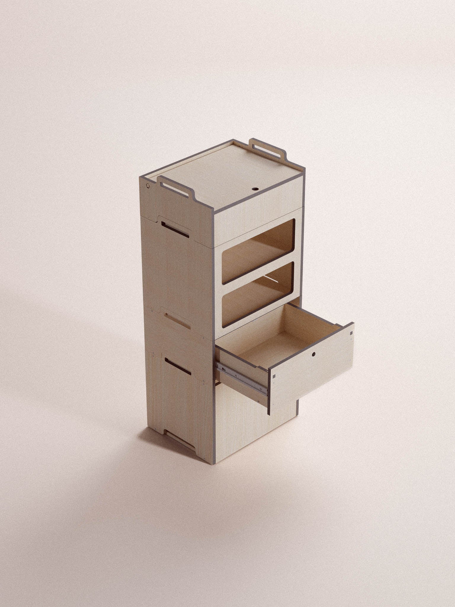 Render still life del Kit Totem System Nom Outdoor con moduli Slide, Hide, Cook e Slot su sfondo neutro, sistema modulare per camperizzazione van componibile.