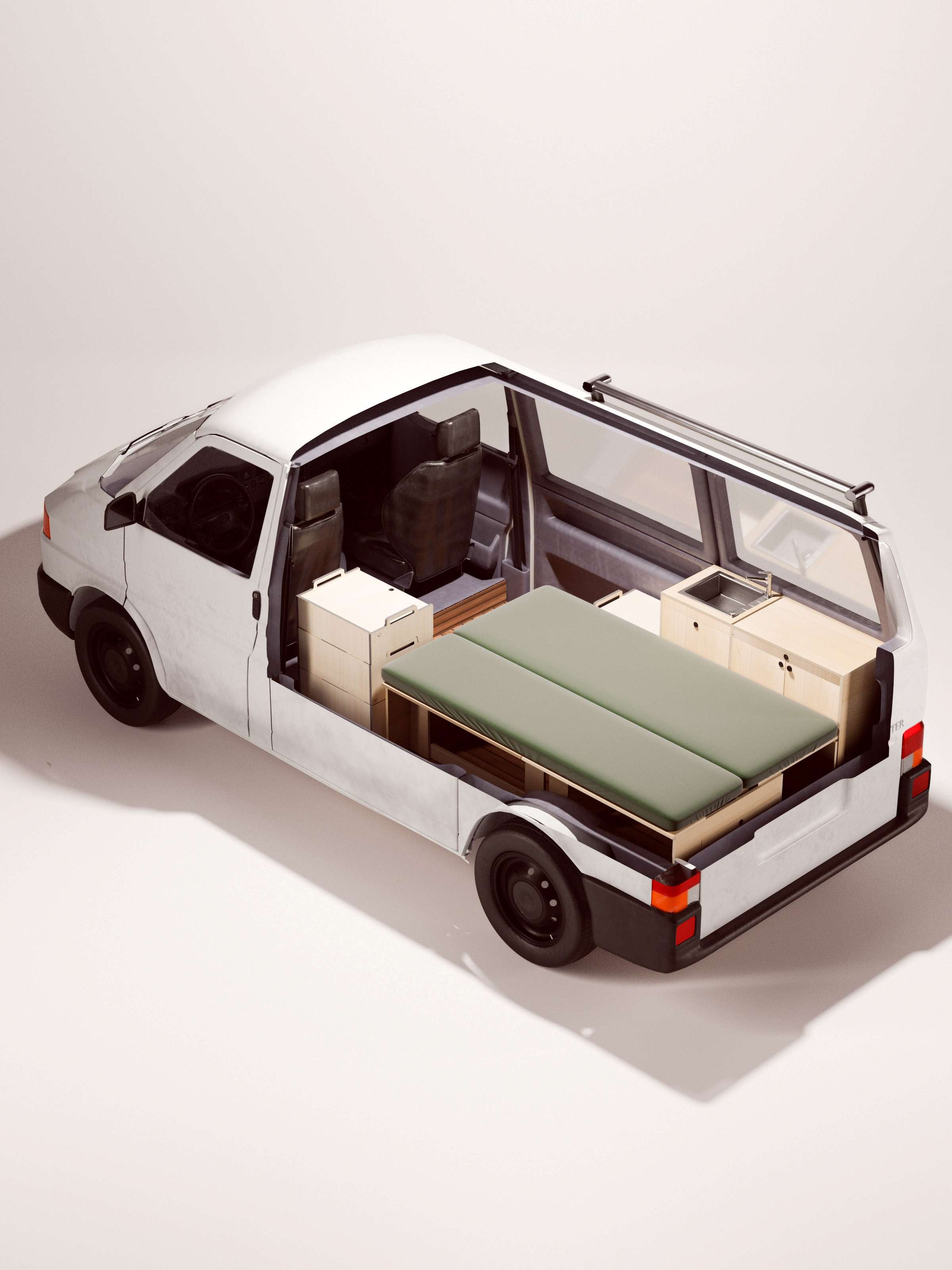 Render 3D del Nom Total Kit che mostra la disposizione dei moduli all’interno del van, configurazione completa per camperizzazione modulare.