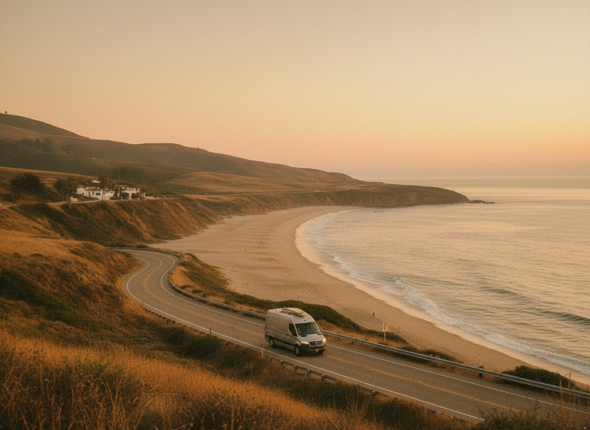 Furgone con tavola da surf sul tetto che viaggia lungo la strada, immagine van life dedicata alla camperizzazione van e agli sport outdoor.