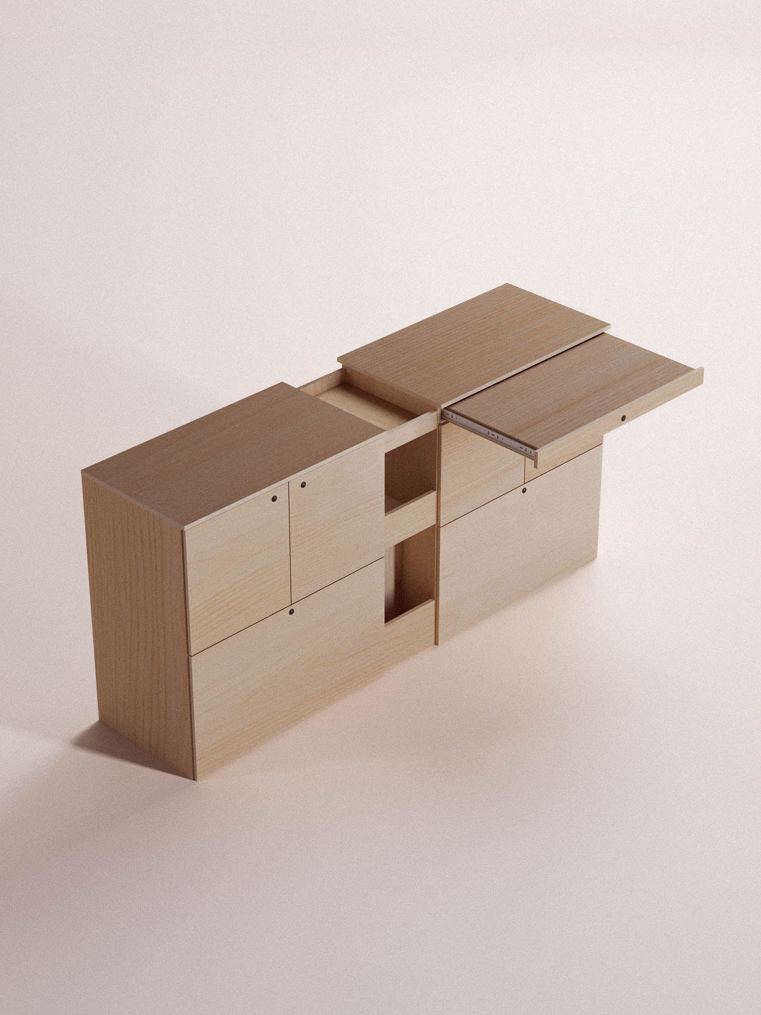 Nom Van Storage XL in still life su sfondo neutro, modulo storage di grande capacità con tavolo integrato per camperizzazione van modulare.